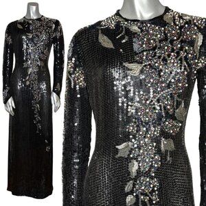 Vintage 90s RIAZEE Couture Black Beaded Sequin Silk Evening Gown Formal Dress 6